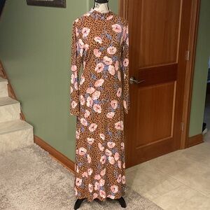 Free People Pink Floral and Brown Leopard Long Sleeve Dress, Size L
